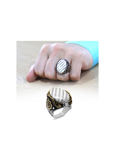 Fildişi Üzerine Gümüş Çapraz Şerit İşlemeli Oval Tasarım Koleksiyonluk 925 Ayar Gümüş Erkek Yüzük Gümüş