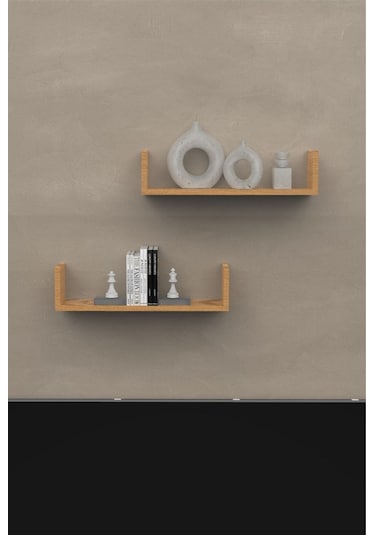 Ahşap Dekoratif Duvar Rafı İkili