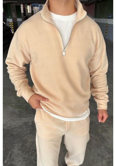 Mass Plus Unisex Slimfit Yarım Fermuarlı Dik Yaka Polar Sweatshirt Krem