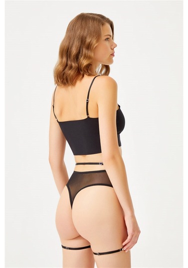 Siyah Ayarlanabilir Taş Detaylı Tanga Külotlu Kadın Jartiyer Siyah