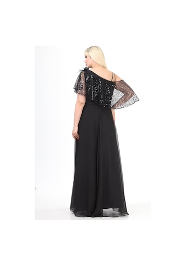 Ladies First Büyük Beden 3858 Siyah Uzun Abiye Elbise 001
