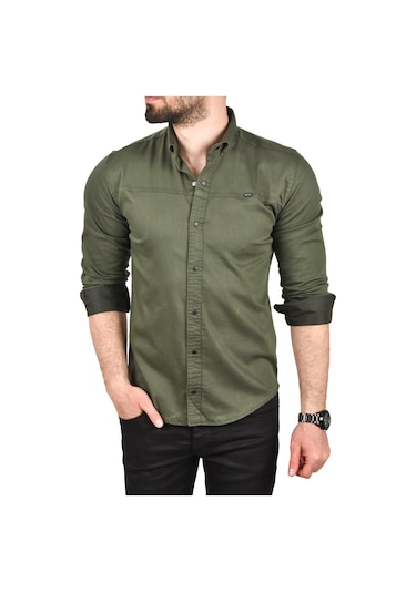 Deepsea Erkek Haki Slim Fit Pamuklu Kot Gömlek Kolay Ütülenebilir Çıt Çıtlı Likralı Spor Gömlek 2502504 Haki