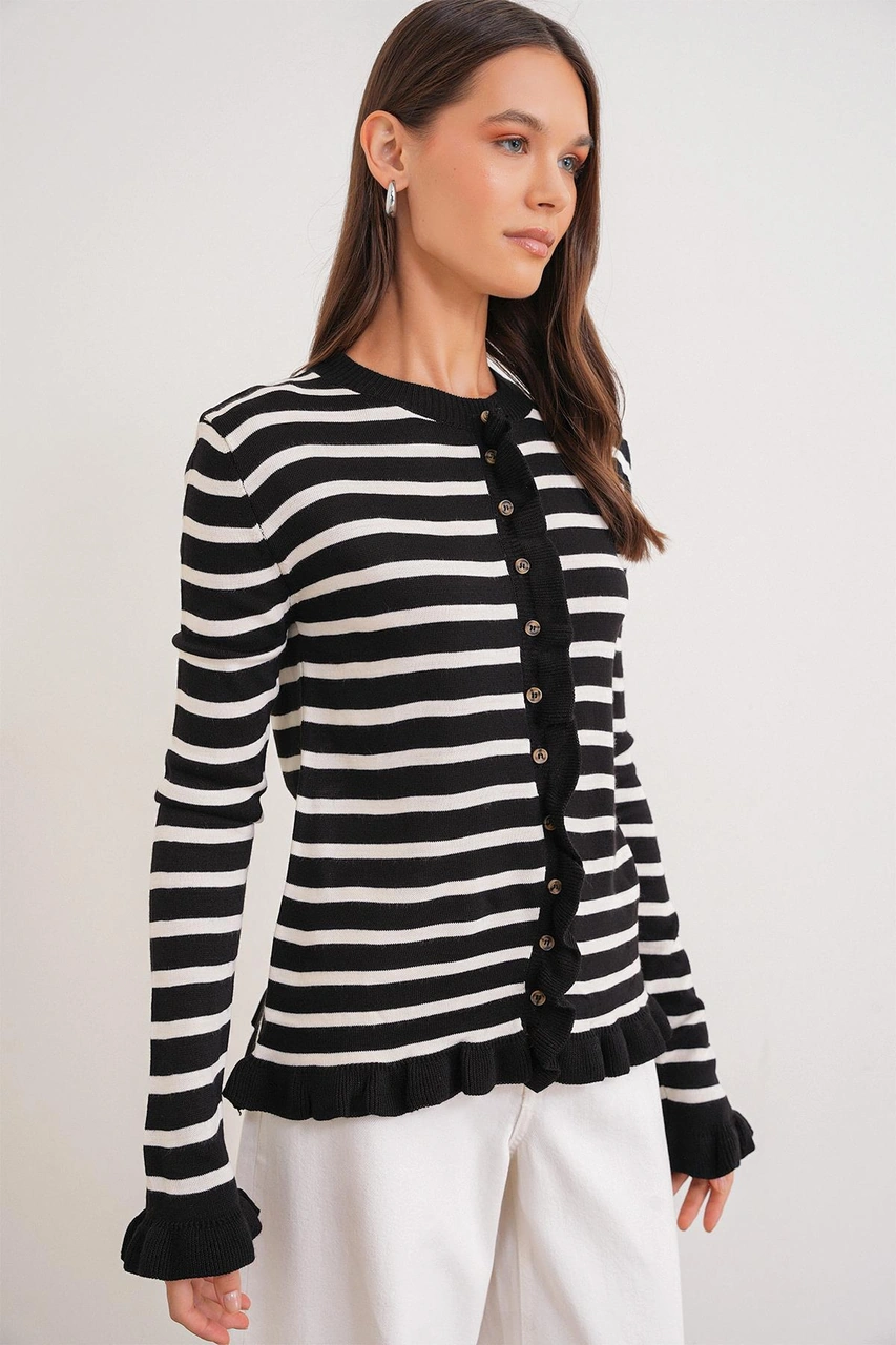 6965 Kadın Fırfır Detaylı Çizgili Triko Hırka Siyah Siyah