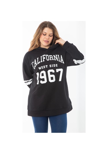 Kadın Büyük Beden Haki İçi Şardonlu Üç İplik Kapşonlu Sweatshirt 65n37290-siyah Siyah