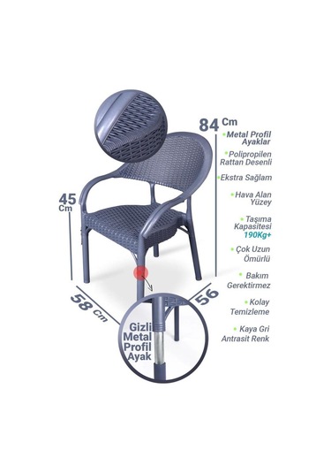 Bambu Antrasit 90x150 Cm Camlı Rattan Bahçe Balkon Masa Takımı Antrasit