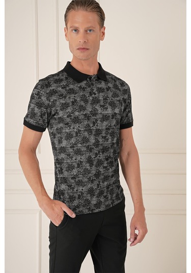 Slim Fit Dal Yaprak Desen Polo Yaka Pamuklu Siyah Tişört Ts 884 Siyah