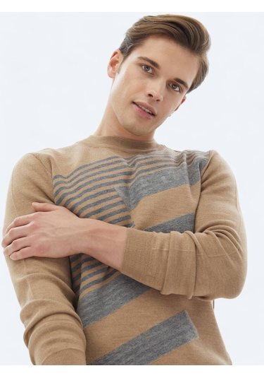 Deve Tüyü Bisiklet Yaka Desenli Yün Karışımlı Triko Kazak Bej