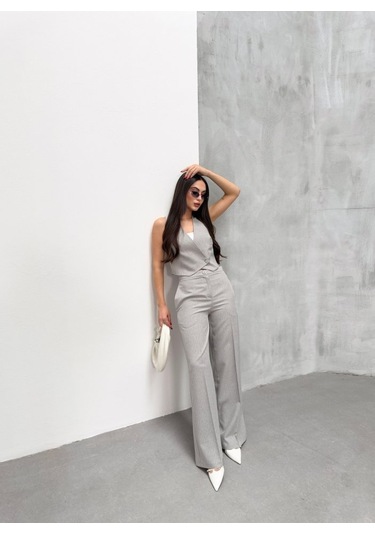 Toskana Çi Zgi Li Kruvaze Yaka Tek Düğmeli Yelek Pantolon Takim Gri