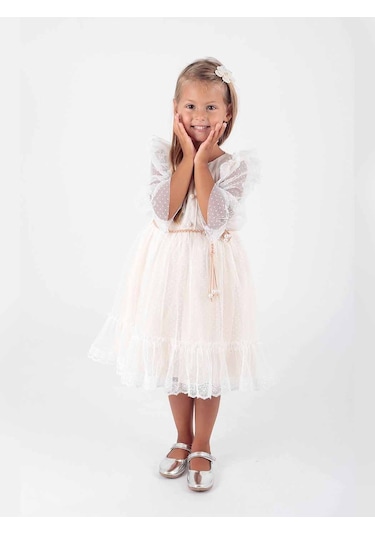 Ahengim Kız Çocuk Tokalı Kemerli Dantelli Trend Tül Elbise Ak2206 001