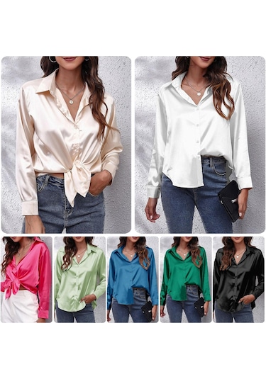 Kadınlar Katı Saten Gömlek Uzun Kollu Düğmeler Casual Gömlek, Renk Siyah