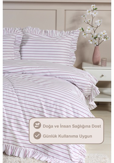 Elart Lara Nevresim Takımı Çift Kişilik Lastikli Çarşaf %100 Pamuk Ranforce Fırfırlı 200x220 Cm Gülkurusu Gülkurusu