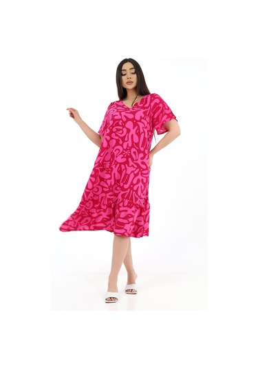 Schık Kadın Viskon Yarım Kol V Yaka Cepli Fırfırlı Elbise Fuşya Fuşya