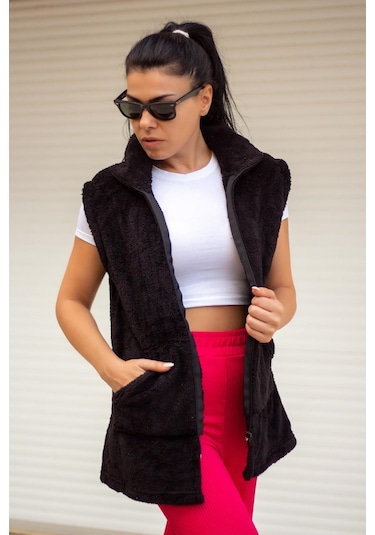 Kadın Siyah Peluş Welsoft Kalın Fermuarlı Hakim Yaka Yelek 23kylkmy10 001