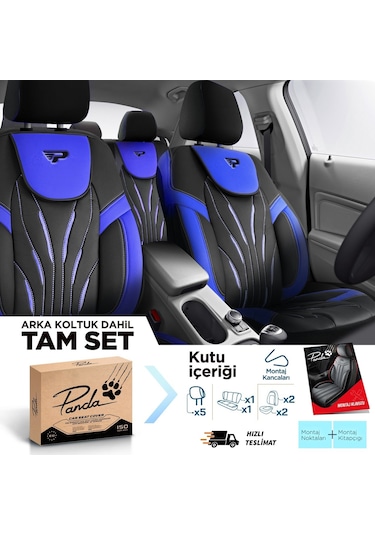 Panda Pars Serisi Deri Oto Koltuk Kılıfı - Mavi - Siyah