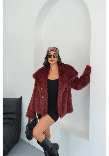 Neşeli Butik Kadın Bordo Astarlı Kürk Kaban Nbmylk32 Bordo