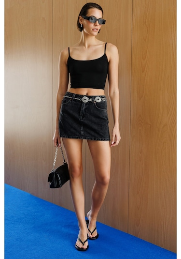 Genius Store Kadın Scuba Kumaş İp Askılı Crop Top Crop-atlet Siyah