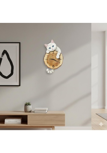 Cajuart Kütük Üzerinden Bakan Beyaz Kedi Tasarımlı Duvar Saati Modern Dekoratif Saat Beyaz