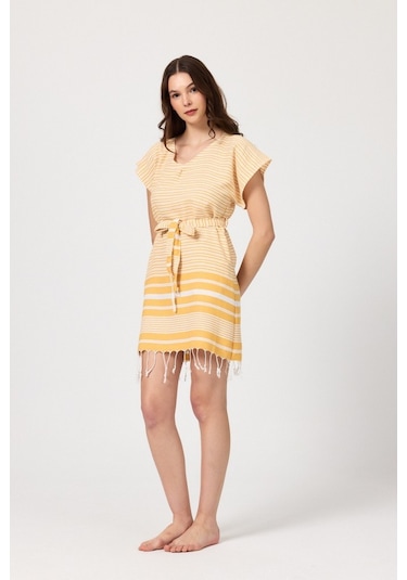 Mulberry Katya Plaj Elbisesi Tunik Pareo %100 Pamuk Sarı - Mor