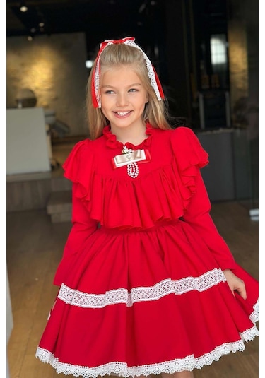 Riccotarz Kız Çocuk Göğsü Ve Yakası Fırfırlı Eteği Pliseli Dantel Şerit Detaylı Kırmızı Elbise Kırmızı