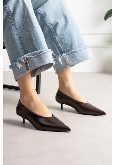 Shoetek Louod Kadın Stıletto İnce Topuklu Kırışık Kahverengi Deri Kahve