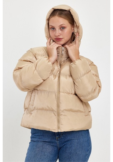 Alisse Kadın Vizon Kapüşonlu Şişme Mont Kaban Vizon