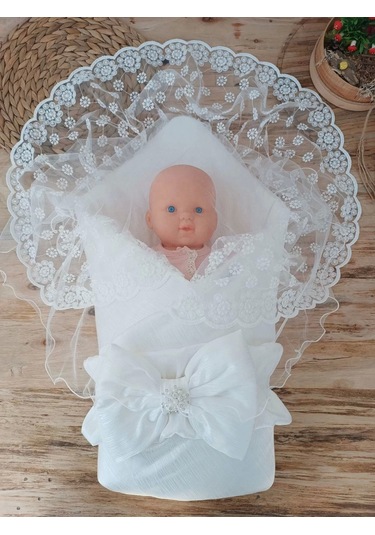 Yenidoğan Ay Işığı Papatya Dantelli Taşlı Fiyonk Bebek Battaniyesi Kundak Ekru Ekru