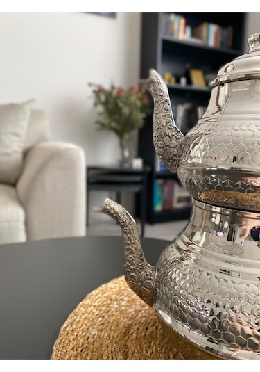 Gümüş Renkli Bakır Petek Desenli Çaydanlık Gümüş