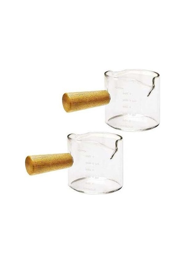 Pazly 2'lik Ahşap Saplı Çift Ağızlı Espresso Ölçüm Bardağı - 75ml Şeffaf, Isı Yalıtımı Şeffaf