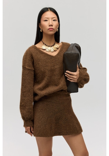 Mai Collection Mai Studios Co. Nordis Volanlı Açık Kahve Triko Mini Etek Acık Kahve