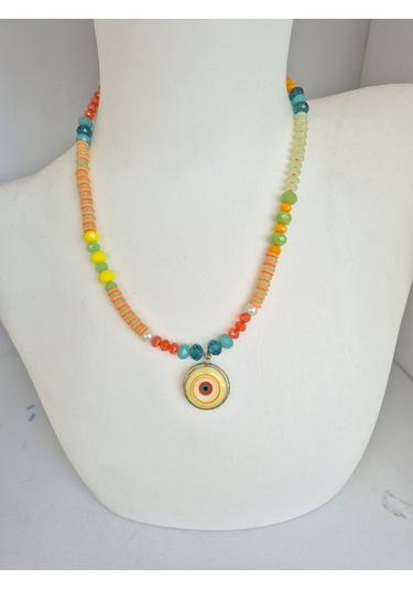 El Yapımı Kolye Uçlu Çok Renkli Kristal Cam Boncuk Kolye Çok REnkli