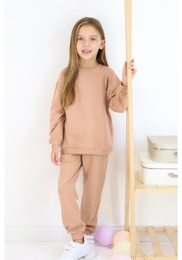 Kız Çocuk İki İplik Basic Eşofman Takımı Kahverengi