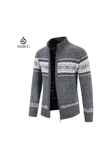 Erkek Kalın Örme Hırka Dik Yaka Fermuarlı Kazak Ceket Gri