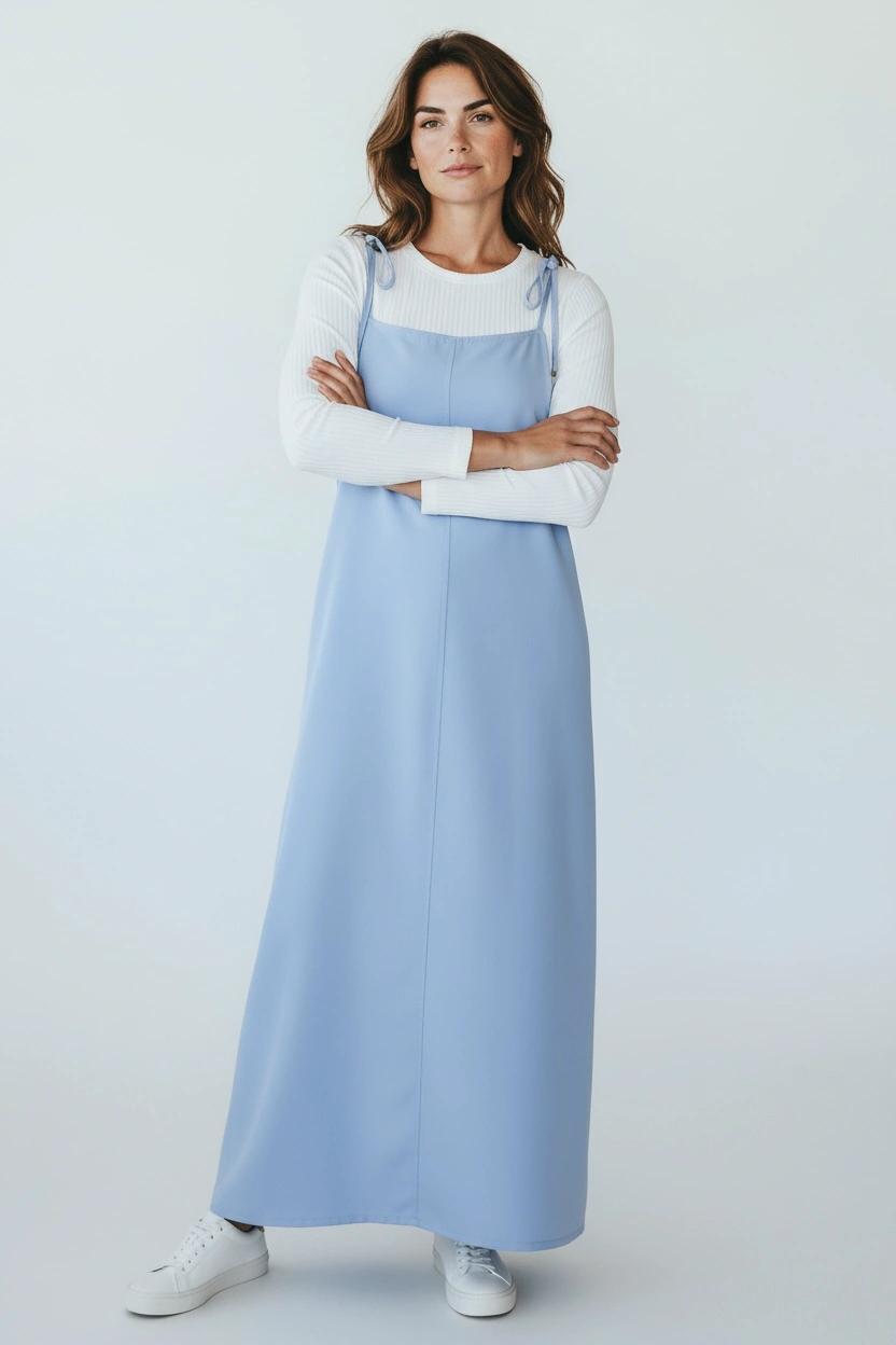 Kadın Ayarlanabilir İp Askılı Dabıl Kumaş Elbise Mavi