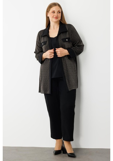 Moda İlgi Kadın Büyük Beden Cep Kapaklı Desenli İkili Takım 0303 Siyah Siyah