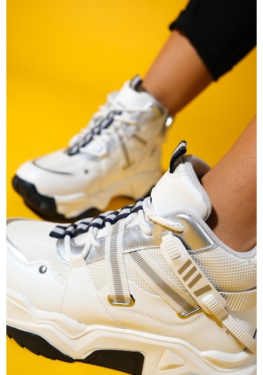 Clara Beyaz Laci Fermuarlı Ve Bağcıklı Kadın Spor Bot Beyaz - Lacivert