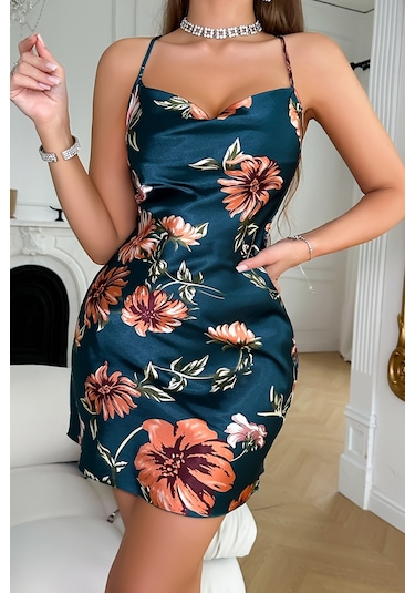 Merry See Baskılı Degaje Yakalı Saten Gecelik Elbise Çok Renkli