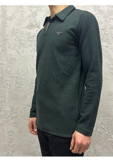 Selanik Örgü Yakalı Patlı Erkek Sweatshırt Nefti Yeşil