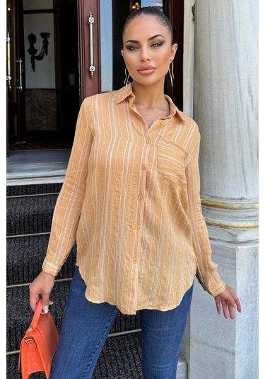 Kadın Karamel Çizgili Desenli, Uzun Kollu, Rahat Kesim, Dokulu Kumaş Gömlek Karamel