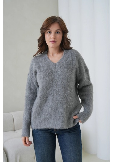 Kadın V Yaka Sakal Dokulu Şardonlu Oversize Triko Kazak 8695 Antrasit