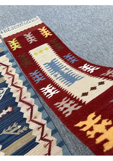 El Dokuma Dekoratif Kilim Seti 3 Adet Renkli %100 Yün Kilim