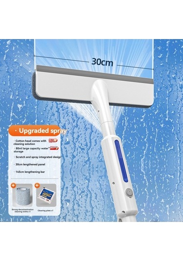 Bosphorusboutique02 Ev Cam Temizleyici Aleti - 30cm Panel, 1.45m Uzun Kol, Tek Tık Sprit, Çift Yönlü Silecek, Yüksek Yerlere Ulaşır, Kolay Saklama Kanca, Beyaz Beyaz