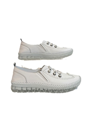 Voyager 9871 Beyaz Hakiki Deri Boncuklu Bayan Ayakkabı Beyaz