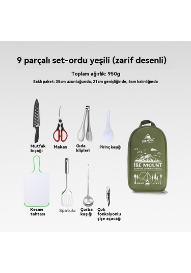 Açık Ocak Dokuz Parçalı Kamp Barbekü Paslanmaz Çelik Kesici Kesme Tahtası Ordu Yeşil Baskı 9 Parça Seti Yeşil