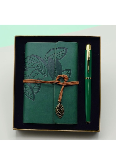 Büro Ev Ofis Hediyesi İçin Yeşil Defter Kalem Kutulu Seti