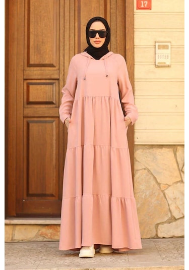 Neways 6531-Krep Kapüşonlu Reglan Kollu Elbise Pudra