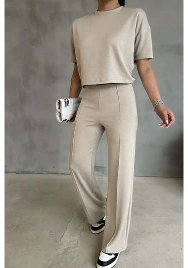 Modal Kumaş Yüksek Bel Pantolon Crop & Pantolon Takım Bej