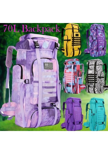Dashanshop 70l Hafif Lake Blue Sırt Çantası Büyük Kapasiteli Ayarlanabilir Omuz Askıları Outdoor Kampçılık Mor Pembe Çizgili Amerikan Bayrağı Altın