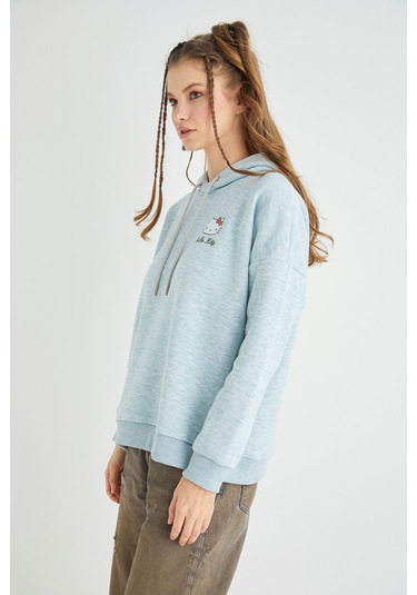 Hello Kitty Lisanslı Baskılı Kapüşonlu Fit Yeşil Sweatshirt Renkli