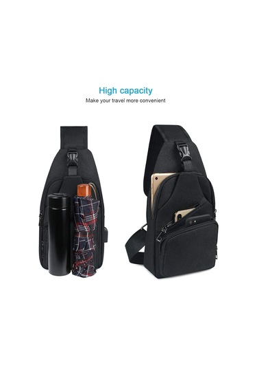 Erkek Omuz Çantası, Usb Şarj Portu Ve Kulaklık Portu Olan Siyah Göğüs Çantası, Unisex Seyahat Sırt Çantası Qd