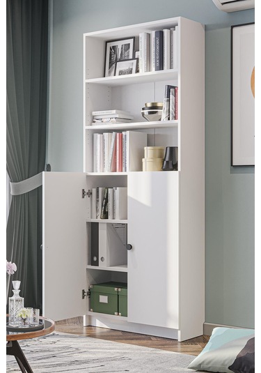 Bili Kitaplık 5 Raflı 2 Kapaklı Çok Amaçlı Ofis Salon Kitap Dosya Rafı Beyaz Beyaz